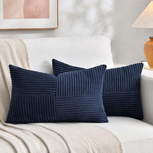 Fancy Homi 2 Packs Navy Blue Lumbar Decorative Throw Pillow Covers 14x24 Inch for Couch, Rustic Farmhouse Boho Home Decor, Soft Striped Corduroy Rectangle Accent Cushion Case 35x60 cm by Fancy+Homi