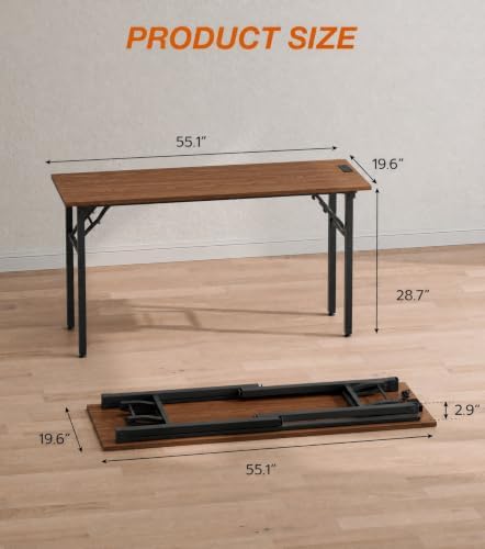 XBurmo Small Folding Desk Folding Table, No Assembly Foldable Desk Gaming Desk, 55.1-Inch Computer Table Workstation with 2 AC Outlets and 2 USB Ports for Bedroom and Home Office, Dark Walnut - Image 2