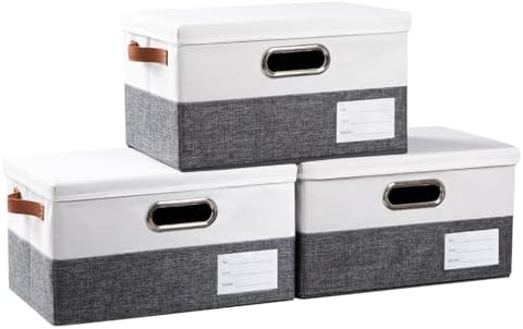 PRANDOM Storage Bins with Lids [3-Pack] Linen Fabric Foldable Storage Boxes Organizer Containers Baskets Cube with Cover for Bedroom Closet Office Grey&White（11.4X8.6X6.7 by Prandom