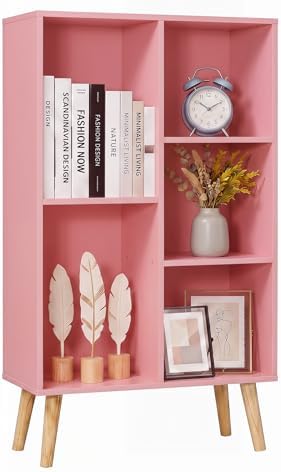 YAHARBO Small Light Pink Bookshelf,3 Tier Modern Kids Bookcase with Legs,5 Cube Wooden Bookshelves Storage Shelf,Book Shelves Organizer,Display Bookcases Cabinet for Room Nursery Study by YAHARBO