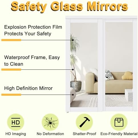 Bypass Mirrored Closet Door 48" x 80", 3-Lite Mirror Sliding Doors for Bedroom with Hardware Kit & Floor Guide, Paintable Interior Door Pre-Drilled for Easy Assembly - Image 5