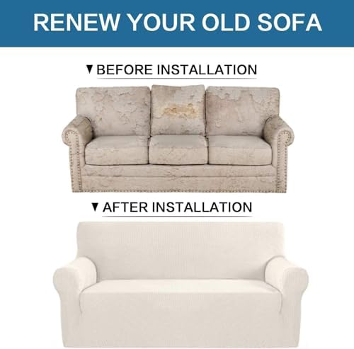 H.VERSAILTEX Stretch Sofa Covers for 3 Cushion Couch Covers Sofa Slipcovers for Living Room Feature Thick Checked Jacquard Fabric with Elastic Bottom, Sofa X-Large - Ivory - Image 6