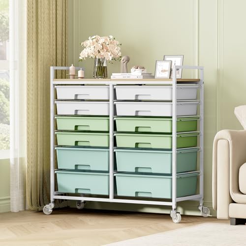 TOOLF 12 Drawers Rolling Storage Cart with Wooden Top for Classroom,Green - Image 2