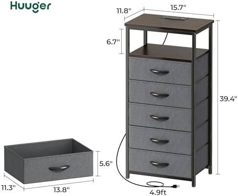 Huuger 5 Drawers Dresser with Charging Station, Dresser for Bedroom - Image 3