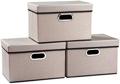 PRANDOM Foldable Storage Bin with Lid [3-Pack] Linen Fabric Decorative Storage Box Organizer Container Basket Cube with Handles Divider for Closet Office Living Room Light Grey(14.9x9.8x9.8) by Prandom