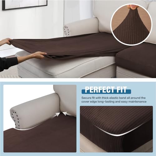H.VERSAILTEX Velvet Stretch Sectional Couch Covers - 4 Pieces Sofa Seat Cushion Covers L Shape Separate Cushion for Both Left/Right Couch (Large Sofa 3 Seater + 1 Chaise, Brown Striped) - Image 4