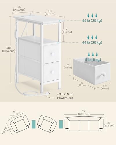 SONGMICS Side Table with LED Light, Narrow End Table with 2 Fabric Drawers - Image 2