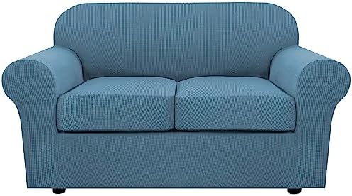 H.VERSAILTEX 3 Piece Stretch Sofa Covers for 2 Cushion Loveseat Couch Covers for Living Room Sofa Slipcovers (Base Cover Plus 2 Seat Cushion Covers) Thicker Jacquard Fabric(Medium Sofa, Dusty Blue) by HVERSAILTEX