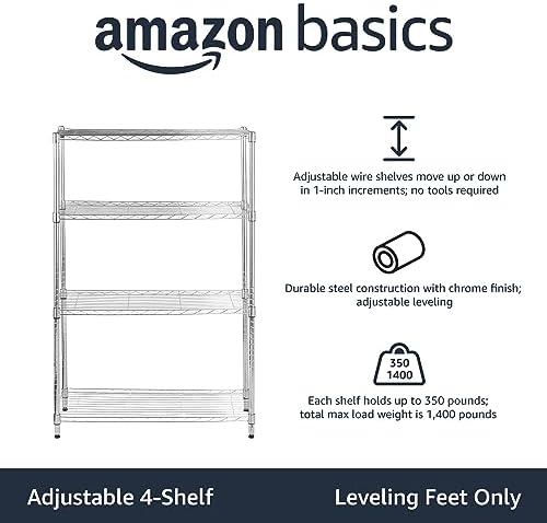 Amazon Basics 4-Shelf Adjustable Heavy Duty Steel Wire Rack Storage Shelving Unit for Kitchen, Garage, Easy Assembly, 350 lbs Per Shelf, 36" x 14" x 54", Chrome Silver - Image 4