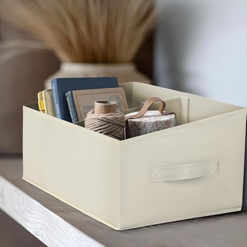 DIMJ Closet Storage Bins, 5 Pack Storage Baskets for Shelves, Foldable Closet Organizer with Handle, Linen Closet Organizers and Storage for Clothes, Toys, Towel, Books (Beige) - Image 6