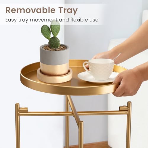 danpinera 2-Tier End Table, Outdoor Side Table Metal Round Side Table with Removable Tray, Small Folding Accent Table, Anti-Rust Nightstand for Bedroom Balcony Patio Living Room (Gold) - Image 4