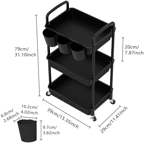 MOYIPIN 3-Tier Plastic Rolling Utility Cart with Handle,Utility Storage Cart for Office, Living Room, Kitchen,Movable Storage Organizer Shelves,Black with 3 Hanging Cups - Image 2