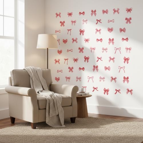 60Pcs Watercolor Bowtie Wall Stickers - Coquette Aesthetic Vinyl Decals for Room Decor in Light Pink, Sky Blue, Mint Green, Lavender Peel and Stick Nursery, Bedroom, Kindergarten Wall Art (Red) - Image 7