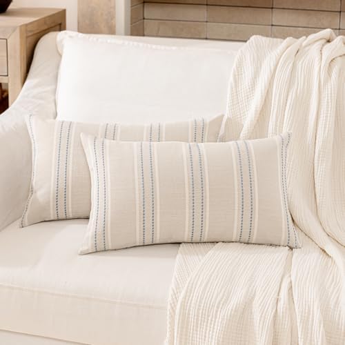 Hckot Dusty Blue Throw Pillows Covers 12x20 Linen Stripe Pillow Covers - Image 2