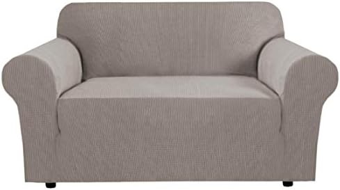 H.VERSAILTEX Stretch Couch Cover Sofa Covers for 2 Cushion Couch 1 Piece Love Seat Covers Washable with Elastic Bottom, Textured Checked Jacquard Fabric (Loveseat 58"-70" Wide, Taupe) by HVERSAILTEX