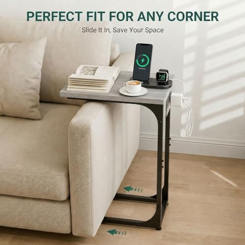 TEMI C Shaped End Table for Couch with Charging Station, Small Side Table TV Tray for Eating or Laptop, Accent Desk for Sofa or Chair, Space Saving Living Room Bedroom, Greige - Image 3