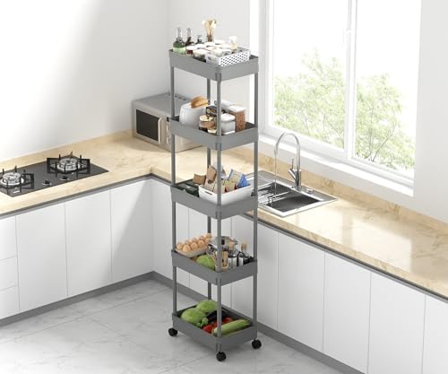 Sooyee 5-Tier Plastic Rolling Utility Cart with Wheels, Grey - Image 3