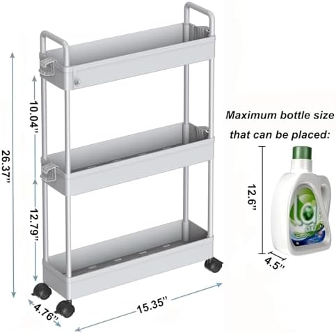 SOLEJAZZ Slim Rolling Storage Cart Skinny Bathroom Organizer, 3 Tier, Gray - Image 2