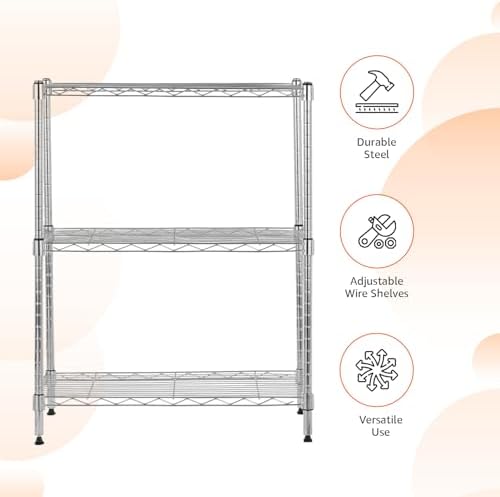 Amazon Basics 3-Shelf Adjustable Heavy Duty Steel Wire Shelving Rack with Chrome Finish, No-Tool Assembly, 250 lbs per Shelf, 23.2" L x 13.4" W x 30" H - Image 4