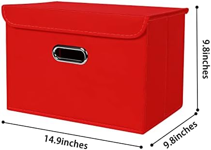 Linen Fabric Foldable Collapsible Storage Cube Bin Organizer Basket Fabric Storage Bins with Lid, Leather Handles, Removable Divider for Home, Closet, Red 3Pcs - Image 2