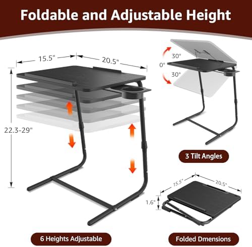 Adjustable TV Tray Black Dinner - Folding Trays for Eating On Couch Wooden Tables Mate Stand Foldable Desk with Cup Holder Portable - Image 2