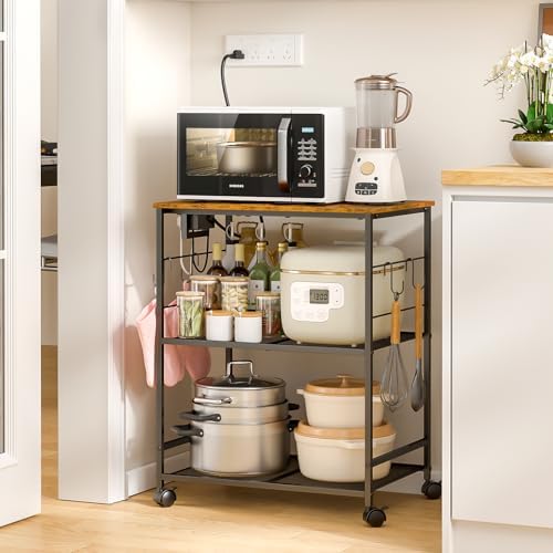 ThreeHio Rolling Kitchen Microwave Cart with Power Outlet, 3 Tier Microwave Table Stand with Storage, Kitchen Utility Cart on Wheels, Small Coffee Cart Shelf Rack Organizer for Living Room Office - Image 2