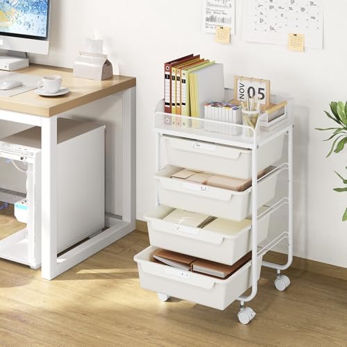 SYKIARIOL 4-Drawer Rolling Storage Cart with Mesh Top,White - Image 2