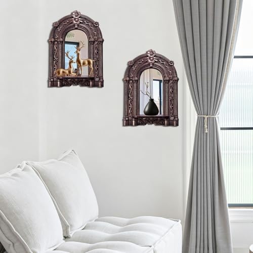 2 Set Vintage Candle Wall Sconce for Home Decor Living Room Bedroom Office Wood Antique Mirrored Victorian Mounted Candlestick Wall Holder Relief Hanging Decor -Brown 11.8in - Image 2