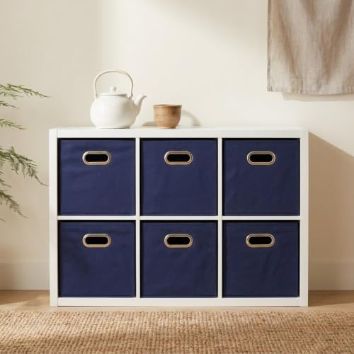 Household Essentials Fabric Storage Bins 6 Piece Set, Strong Poly-Woven Fabric, Sturdy Chipboard Sides, Grommet Front Handle, Stackable and Foldable, Classic Design, Navy - Image 5