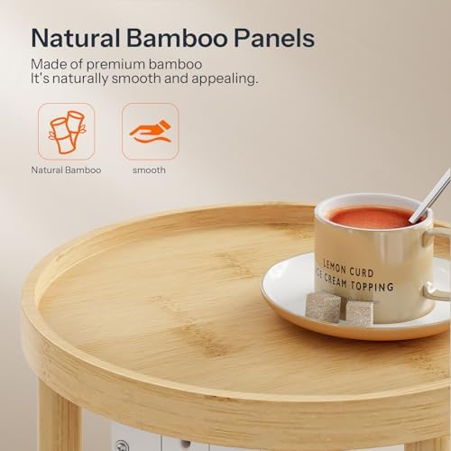 HOOBRO Set of 2 Small Round Side Tables with Charging Station, 2-Tier Round Bamboo End Tables, Easy Assembly, for Living Room, Bedroom, Apartment, Natural YL156UBZP201 - Image 5