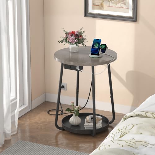 sthmec Small Round Side End Table with Storage and Charging Station, 2 Tier Round Bedside Sofa Couch Coffee Tables with Tray, Metal Nightstand for Small Spaces, Living Room Bedroom, Grey - Image 6