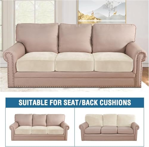 H.VERSAILTEX Velvet Stretch Couch Cushion Cover Plush Cushion Slipcover for Chair Loveseat Sofa Cushion Furniture Protector Seat Cushion Sofa Cover (3 Piece XL Sofa Cushion Covers, Cream) - Image 3