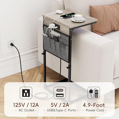 Vagusicc C-Shaped End Table Set of 2 with Charging Station, Small Side Table for Couch, Adjustable Height Couch Side Table, Slide Under Sofa Table TV Tray Tables for Living Room, Bedroom,Bedside, Gray - Image 7