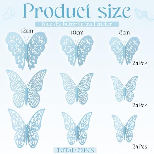Bememo 72 Pcs 3D Butterfly Wall Decals, 3 Sizes,Sky Blue | Metallic Hollow Design for Bedroom Living Room, Removable Adhesive Wall Decor, Easy Peel Stick Party Decoration Stickers - Image 2