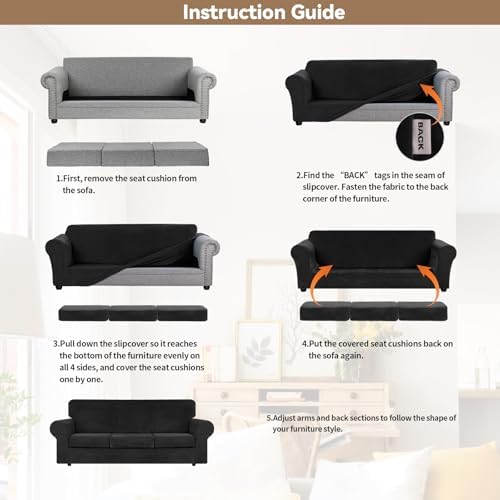 WEERRW 4 Pieces Couch Cover for Sofa Velvet Sofa Covers Washable, Black - Image 6