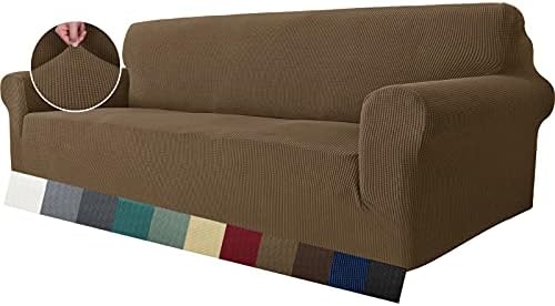 MAXIJIN Super Stretch Couch Cover for 3 Cushion Couch, 1-Piece Universal Sofa Covers Living Room Jacquard Spandex Furniture Protector Dogs Pet Friendly Fitted (Extra Large, Brown) by MAXIJIN