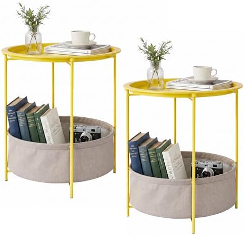 VECELO Round Side/End Table with Fabric Storage Basket，Metal Anti-Rust and Waterproof Small Bedside Nightstand with Removable Tray Top for Living Room，Balcony & Laundry，Yellow /2pcs with Basket by VECELO