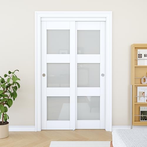 Sliding Closet Door 48"x80", 3 Lite Frosted Glass Door, Need to Assemble - Image 3