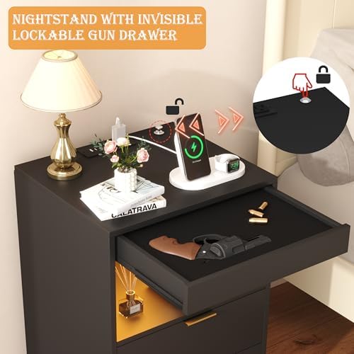 Yusong Night Stand with Gun Drawer & Invisible Lock, Bedside Table, LED Nightstand with Charging Station, Modern Night Stand, Wood Sofa Couch End Side Table with 2 Pull-Out Shelf (Black 002) - Image 3