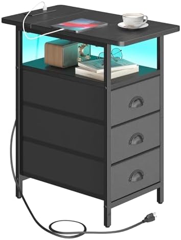 sthmec End Table with Charging Station,LED Side Tables with USB Ports and Outlets,Narrow Nightstands Bedside Tables with 3 Drawers PU Finish for Small Space,Slim Sofa Table for Livingroom,Black by Unknown