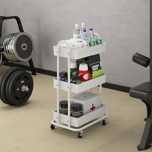 3-Tier Utility Cart with Wheels, Rolling Cart, Storage Shelves, Multi-Functional Organizer Cart for Bathroom, Office, Kitchen, White - Image 4