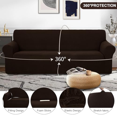U-NICE HOME 4 Seater Stretch Couch Cover for 3 Cushion Sofa, Chocolate - Image 3
