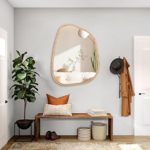 Irregular Bathroom Mirror Modern Wall Mirror Asymmetrical Wooden Framed Wall Mirror Unique Shape Wall Mounted Vanity Artistic Mirror Decor for Living Room Bedroom Entryway Large 26"x18" - Image 5