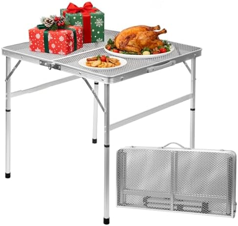 Square Folding Card Table with Adjustable Height (12" & 26"), Silver Portable Metal Mesh Table for Camping, BBQ, Picnic, Game, Patio & Indoor Use, Fits 2–4 People, Lightweight 7.6 lb, Supports 66 lb by EEASTSTORM