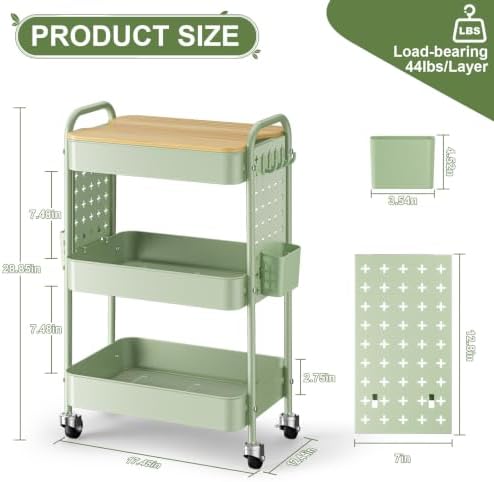 3 Tier Rolling Cart with Table top, Metal Utility Cart with DIY Pegboard - Image 2