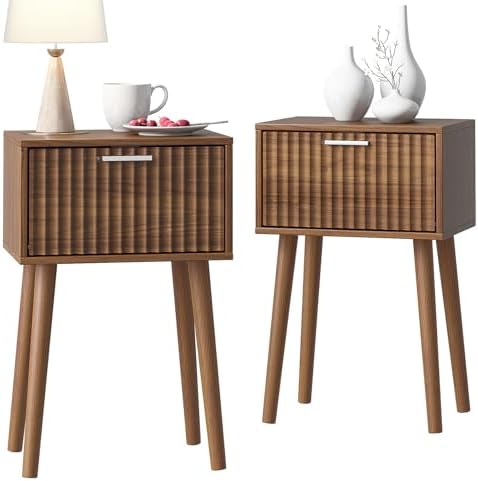 LAATOOREE Nightstands Set of 2, Small Bed Side Table with Fluted Door by LAATOOREE