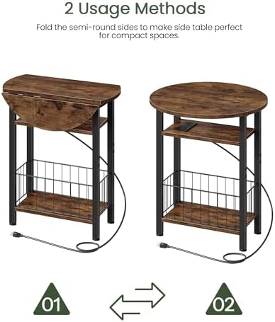 Folding Side Table with Charging Station, 3-Tier Narrow End Couch Table with Folding Top, Storage Basket, Round Side Table for Small Spaces, for Sofa Living Room, Bedroom, Rustic Brown TBZ10UBF - Image 6