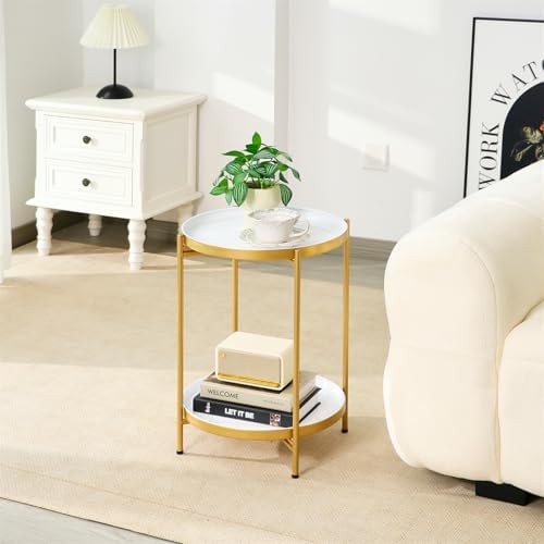 2-Tier Round End Side Table, Small Metal Side Table with Removable Tray, Folding Accent Tables for Living Room, Balcony, Nightstand for Bedroom, Outdoor Tables for Patio, Gold&White - Image 2