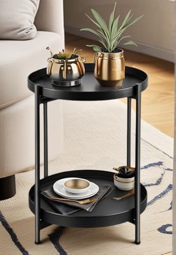 Foldable 2-Tier Round Side Table, Metal End Table with Storage for Indoor Outdoor Use, Small Coffee Table for Living Room, Bedroom, Patio, Black​ - Image 4