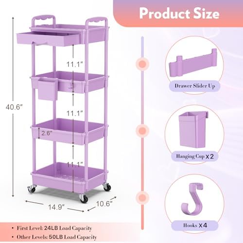 SUNALLY Makeup Cart Organizer with Drawer,4 Tier Rolling Makeup Cart,Purple - Image 2